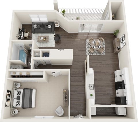 Floor plan for 1 bed, 1 bath, 680 sqft